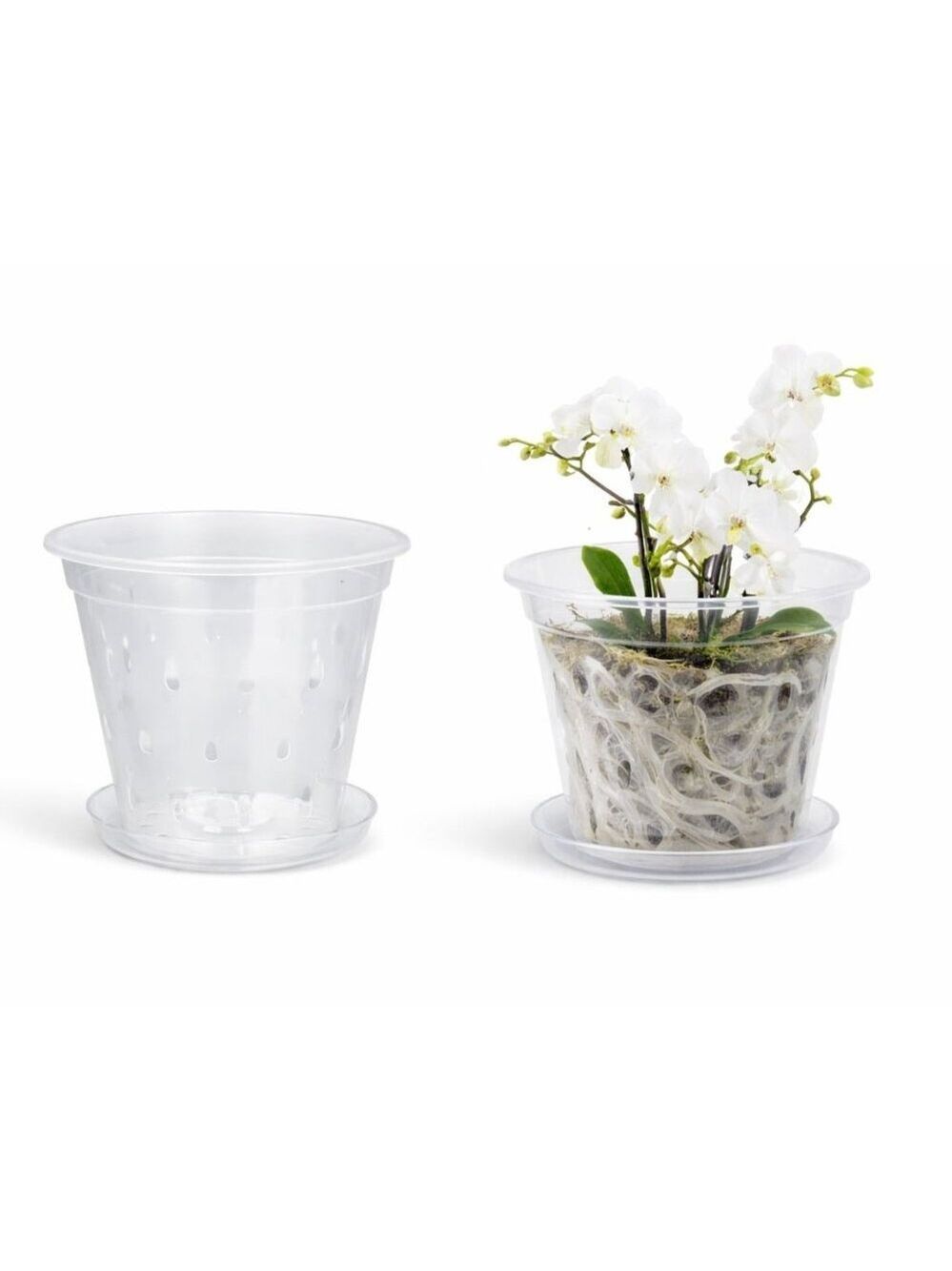 Clear 5 Inch Orchid Pots With Drainage Holes & Saucers Slotted Plastic Planters
